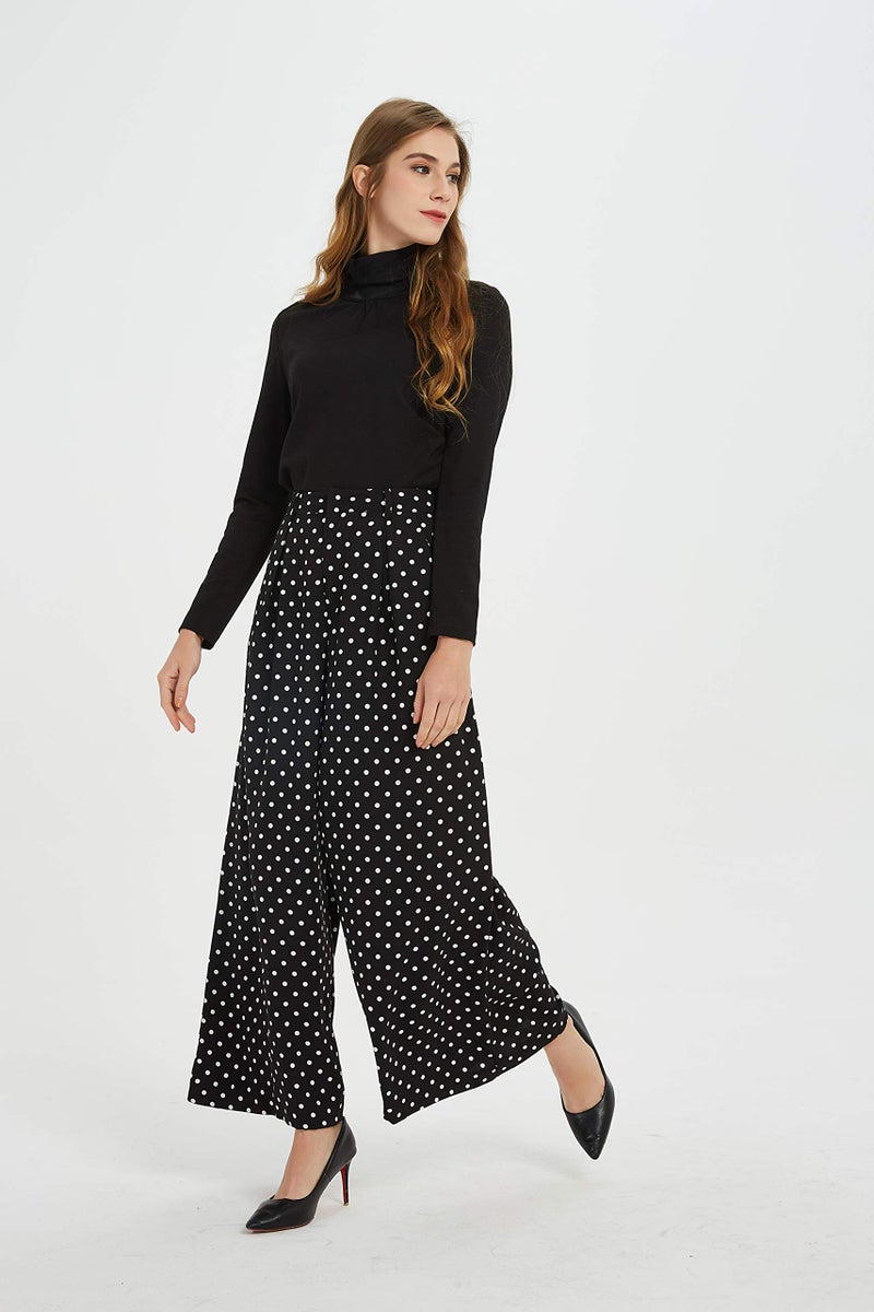 Tronjori Women High Waist Casual Wide Leg Long Palazzo Pants Trousers Regular Size(XL, White Dot) - Image 4